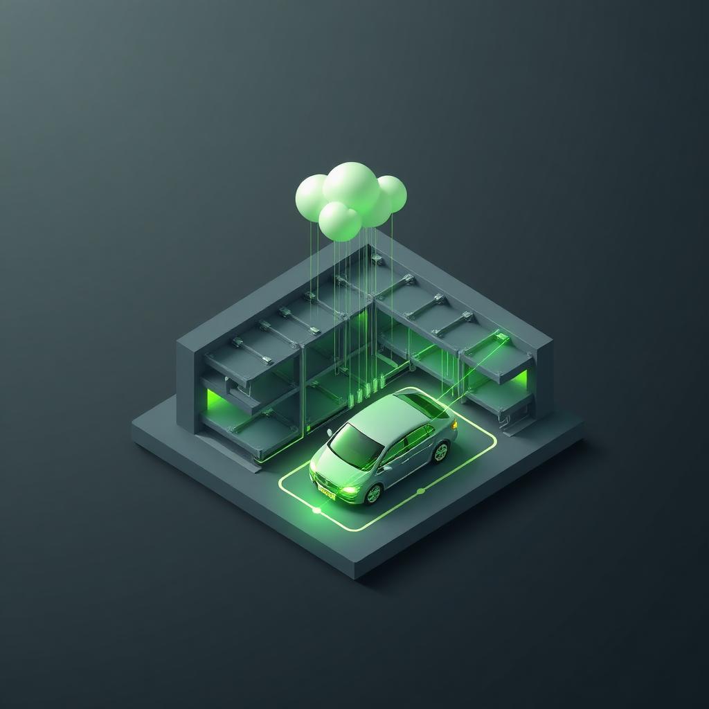 Isometric parking garage cross-section with slots emitting lime-green data lines into a digital cloud.