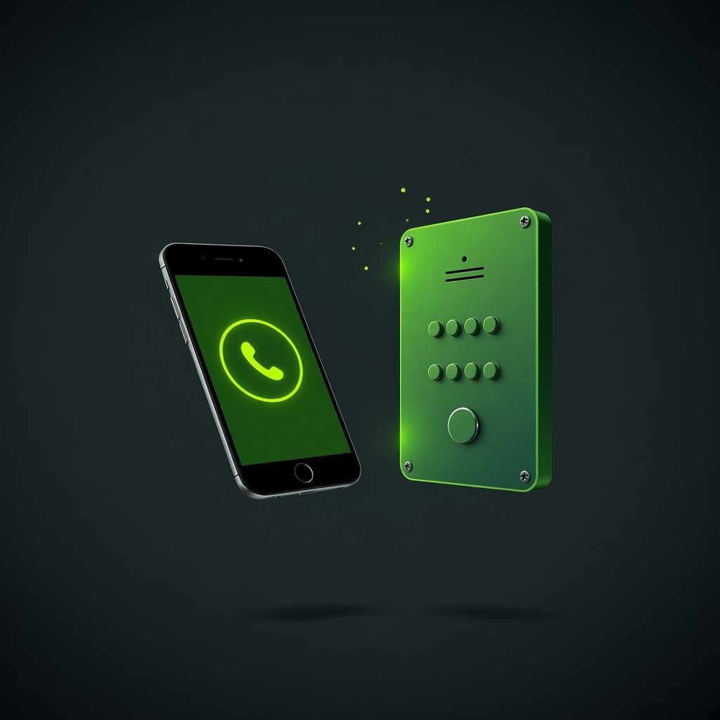 Smartphone with a glowing video-call intercom interface next to a dissolving legacy intercom panel.