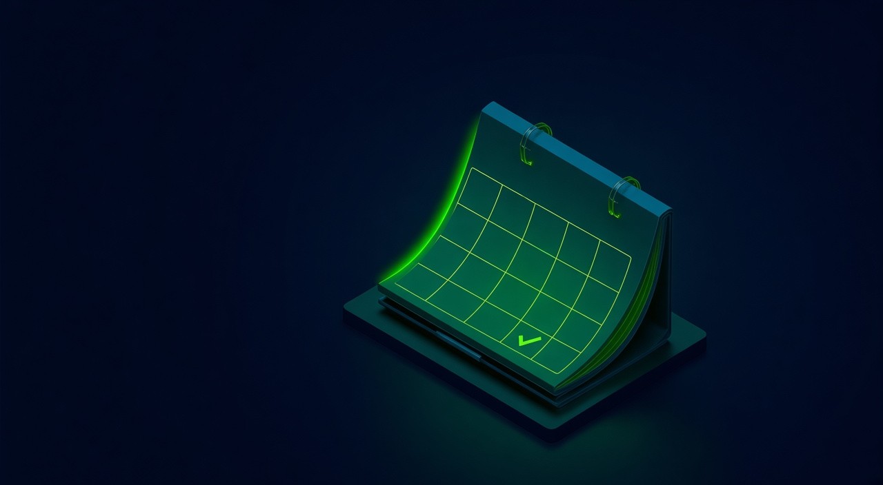 Isometric calendar with three days highlighted in lime green next to an open ledger.