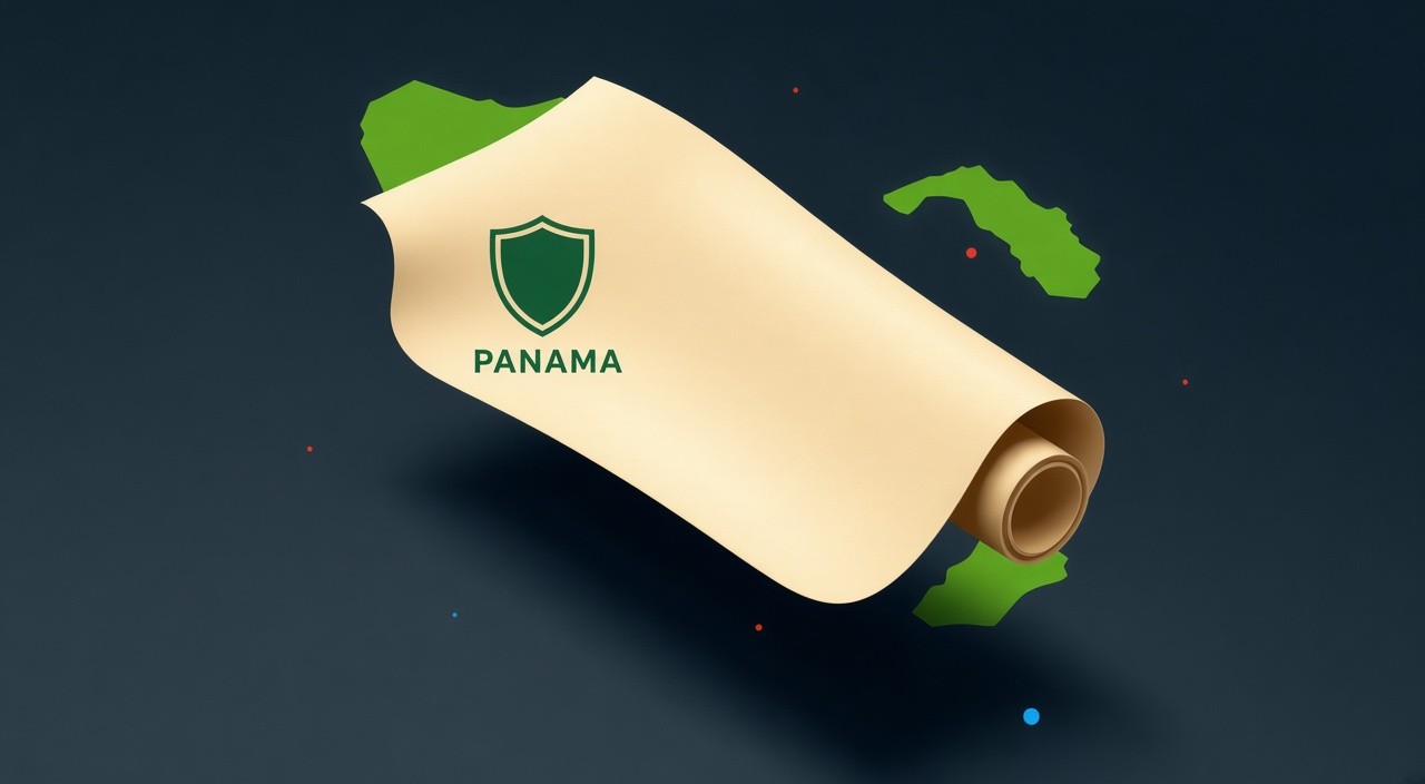 Unfurled legal scroll with a wax seal floating above a faint outline of the Panama isthmus.